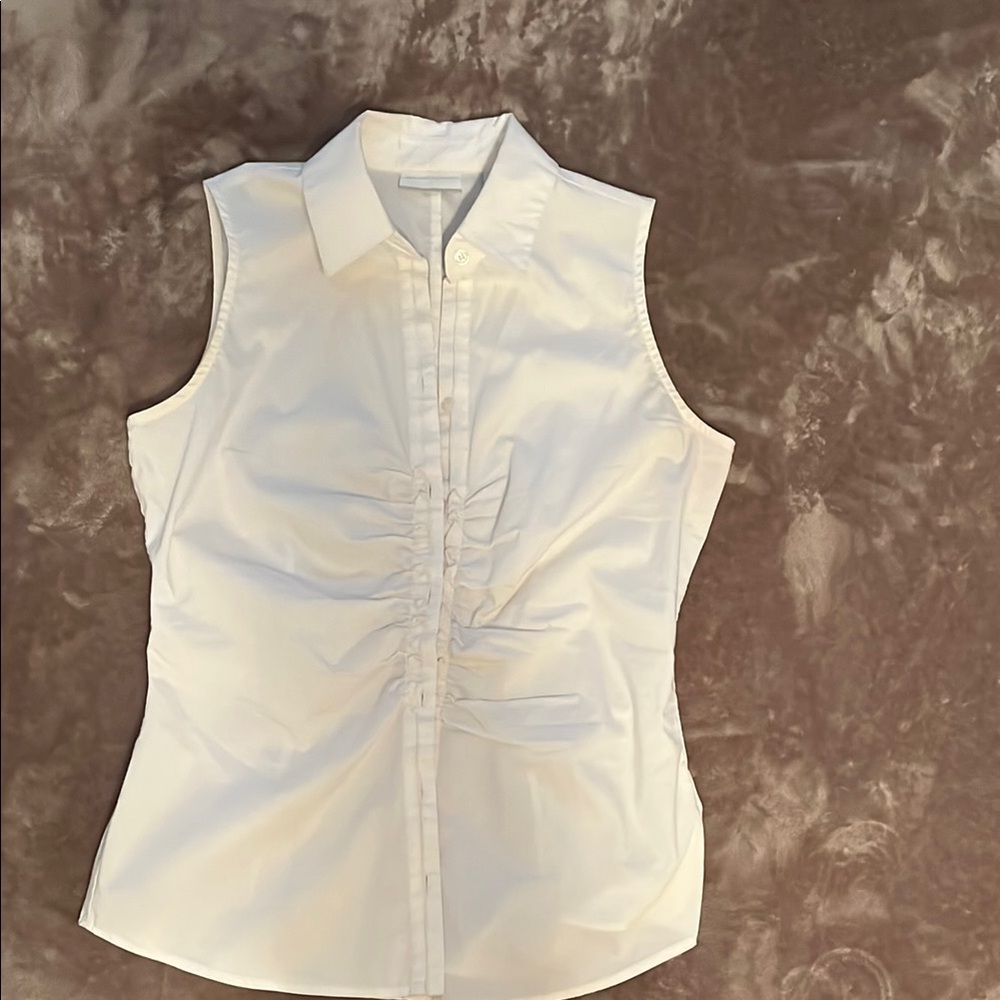 New York & Company White Sleeveless Fitted Button Down Shirt